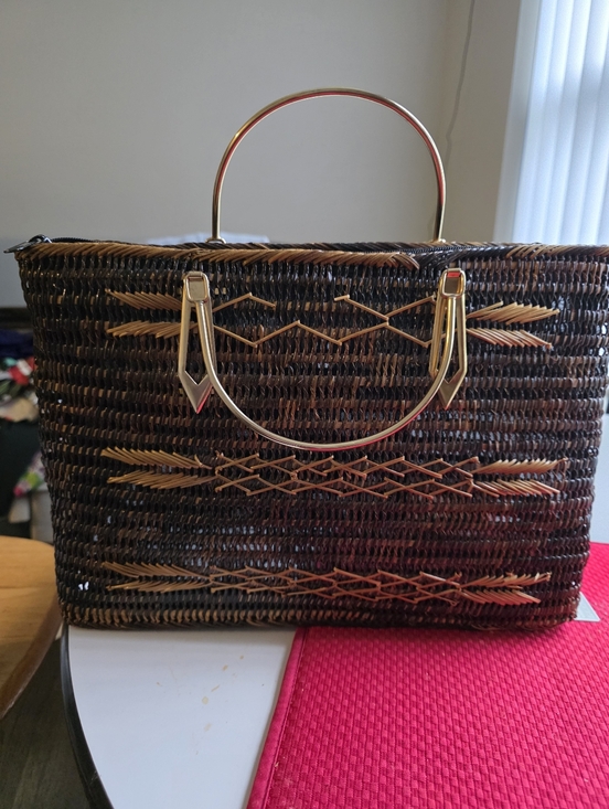 Vintage Handbags - Vintage Brown Woven Tote with Gold Handles